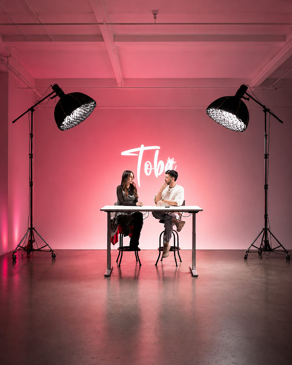 Pink-lit podcast set with a small table centered between two studio lights in a clean studio space