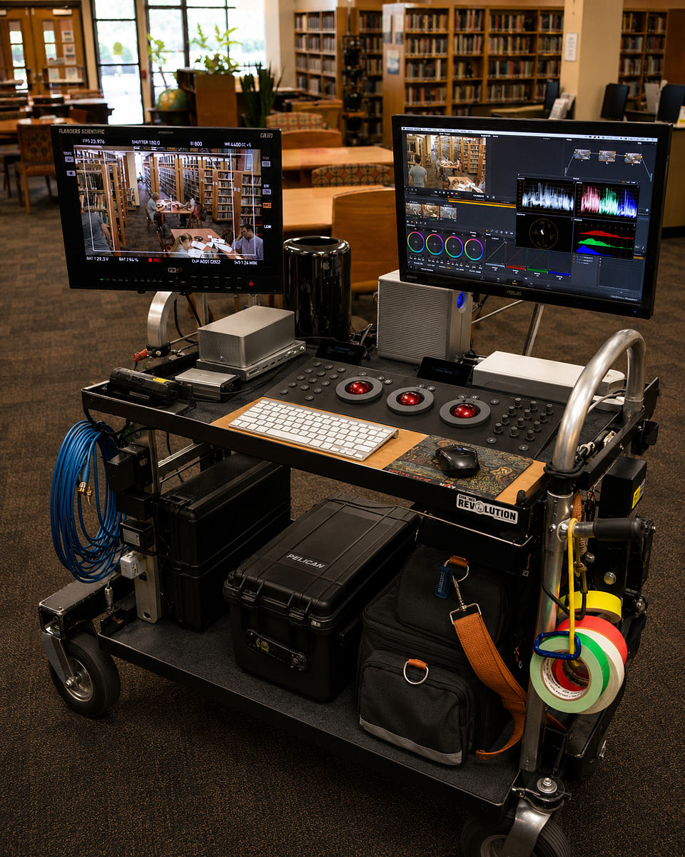 Digital tech cart with monitors, workstation equipment, cables, and on-set capture gear for a DIT photography workflow