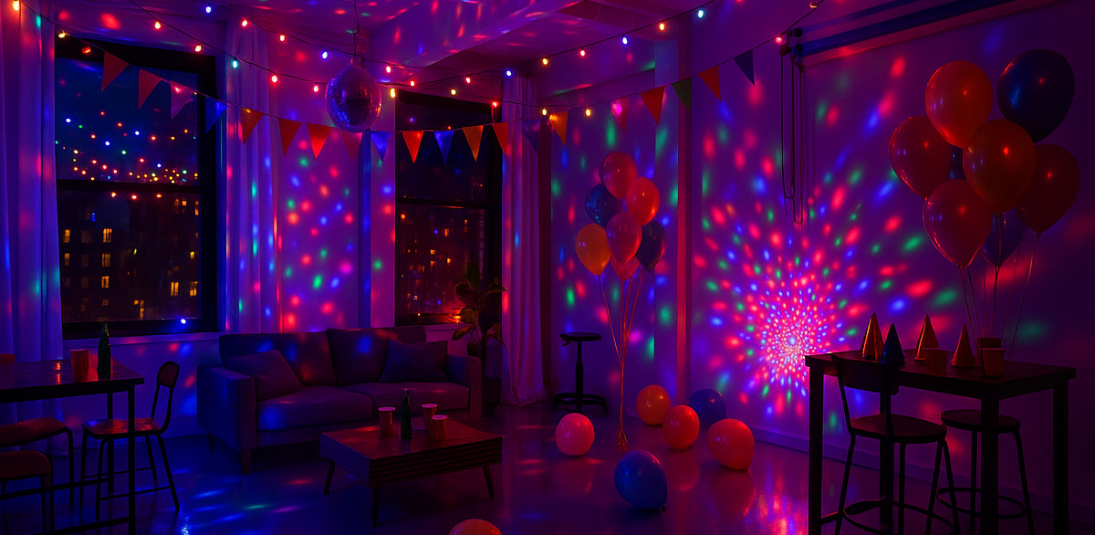 Midtown Manhattan party venue at Match Studios with colorful event lighting washing an open loft floor