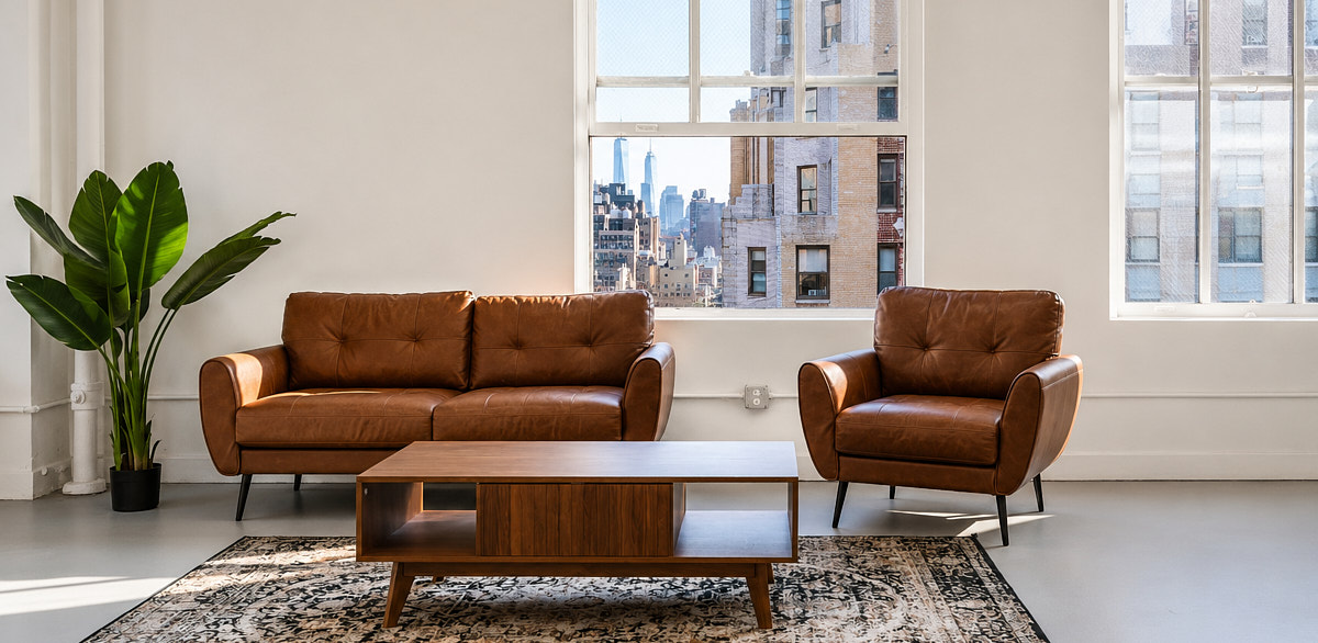 Private event space in Midtown Manhattan with lounge seating, plants, and large windows at Match Studios
