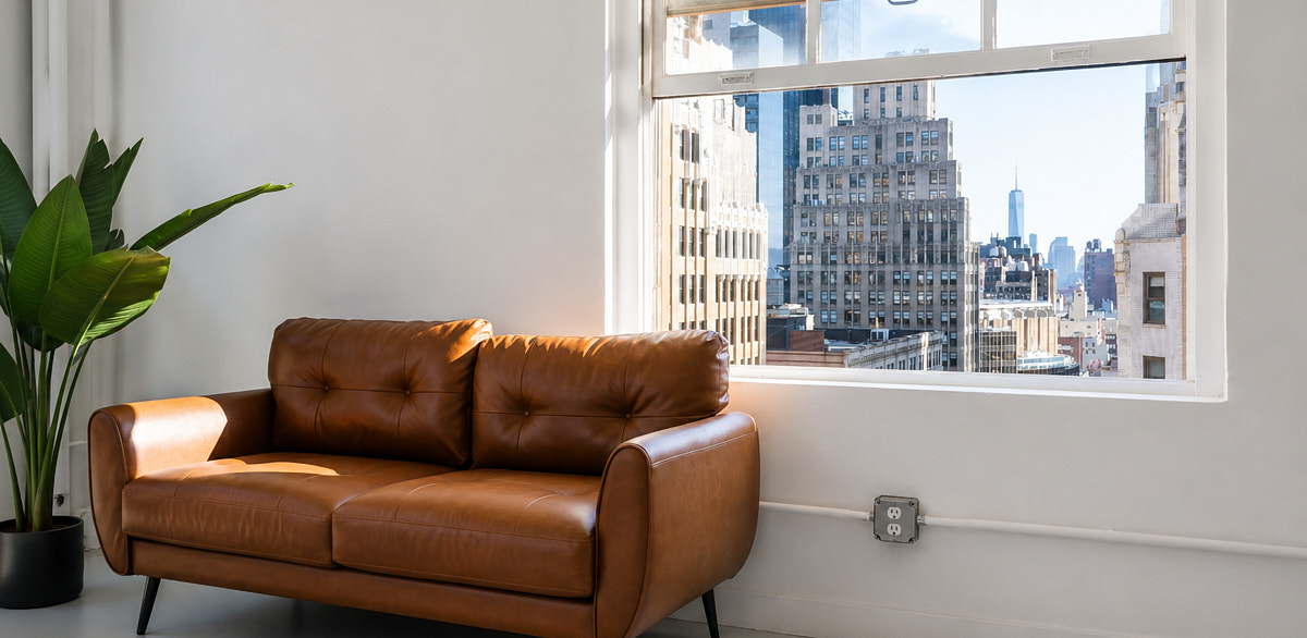 Brown leather sofa lounge detail by a large window inside a bright Midtown photo studio rental
