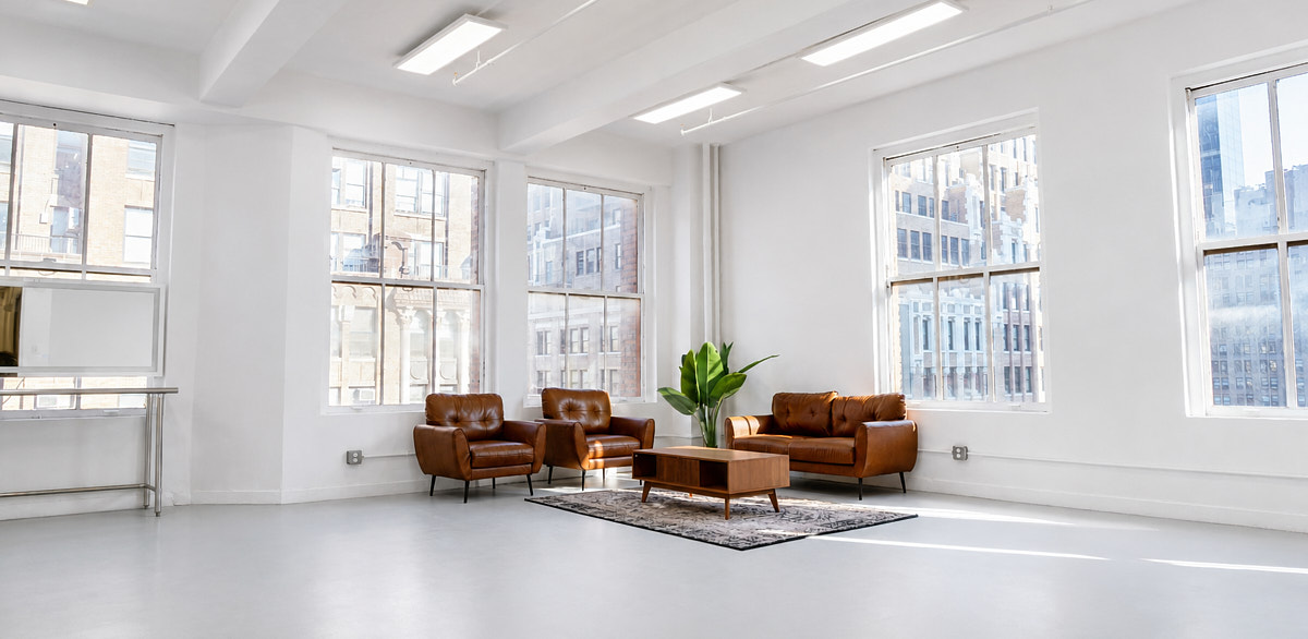 Wide view of the 1,850 sq ft Studio 1720 production floor with open space for a headshot day setup