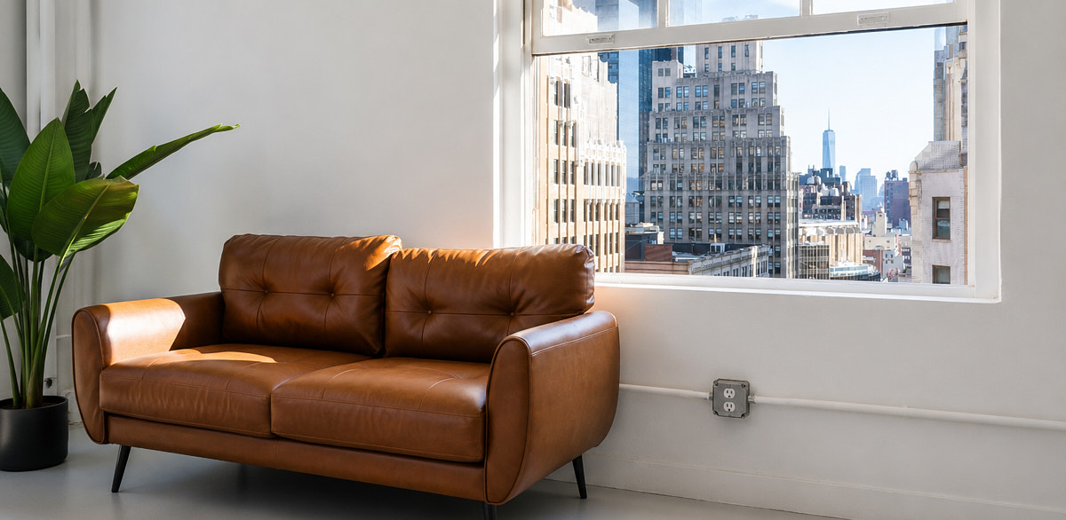 Studio 1720 lounge corner with brown leather sofa, plant, large window, radiator, and city view