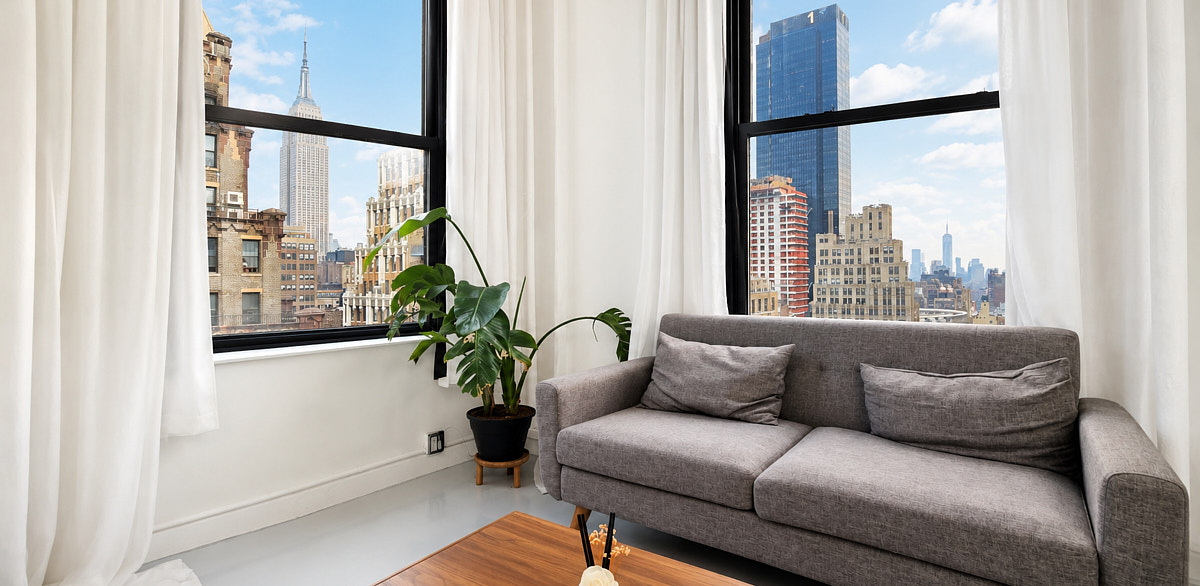 Bright natural-light Studio 2110 corner in Midtown Manhattan, a flexible set for UGC and social content creation